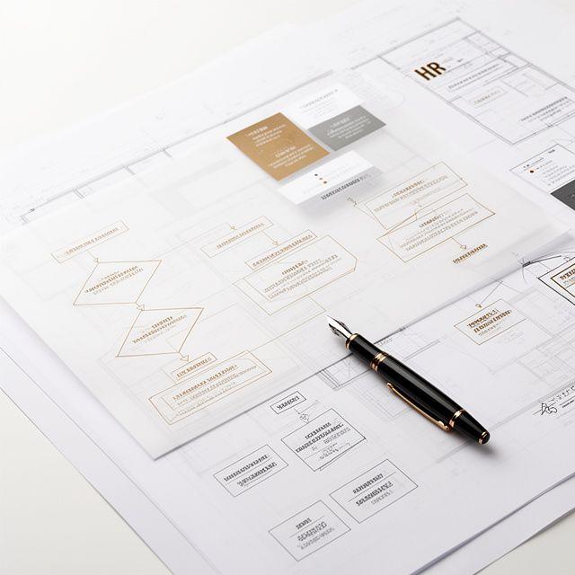 Close up of architectural blueprints and human resource diagrams