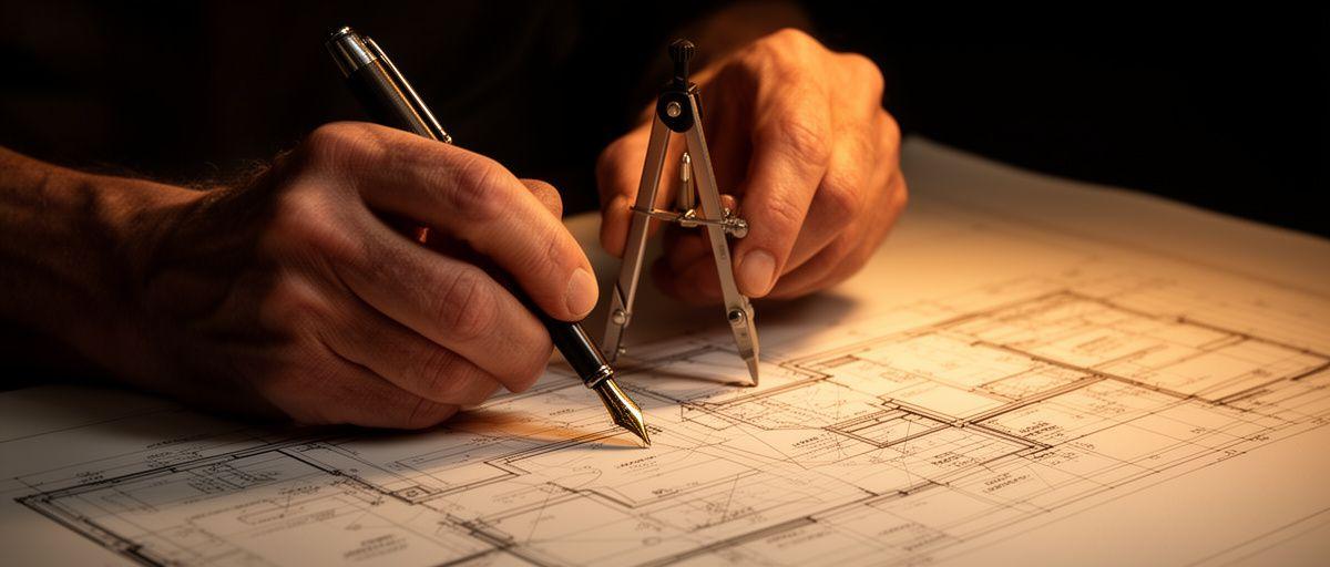 Artisan hands working on a detailed blueprint