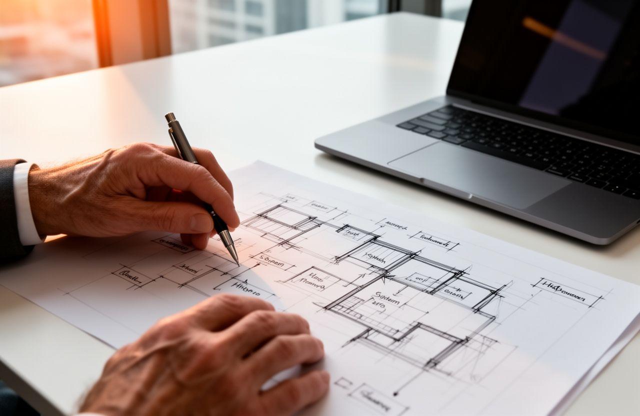 Artisan hands working on a complex blueprints in a modern office
